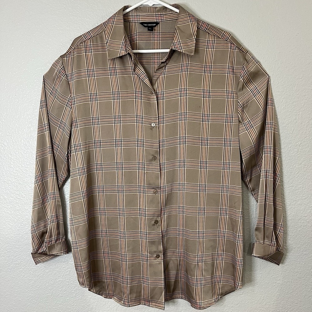 The Limited Polyester Long Sleeve Button Up Women's Plaid Tan Blouse Size L